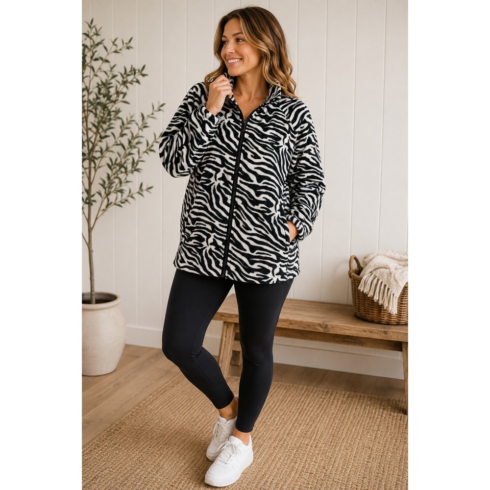 Columbia Womens 2X Zebra Print Fleece Jacket Full Zip Black White Mock Neck Plus